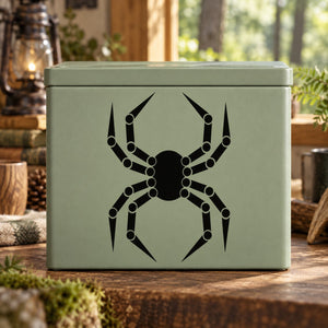 Ball jointed spider decal, black geometric arms with ball joints on light green surface