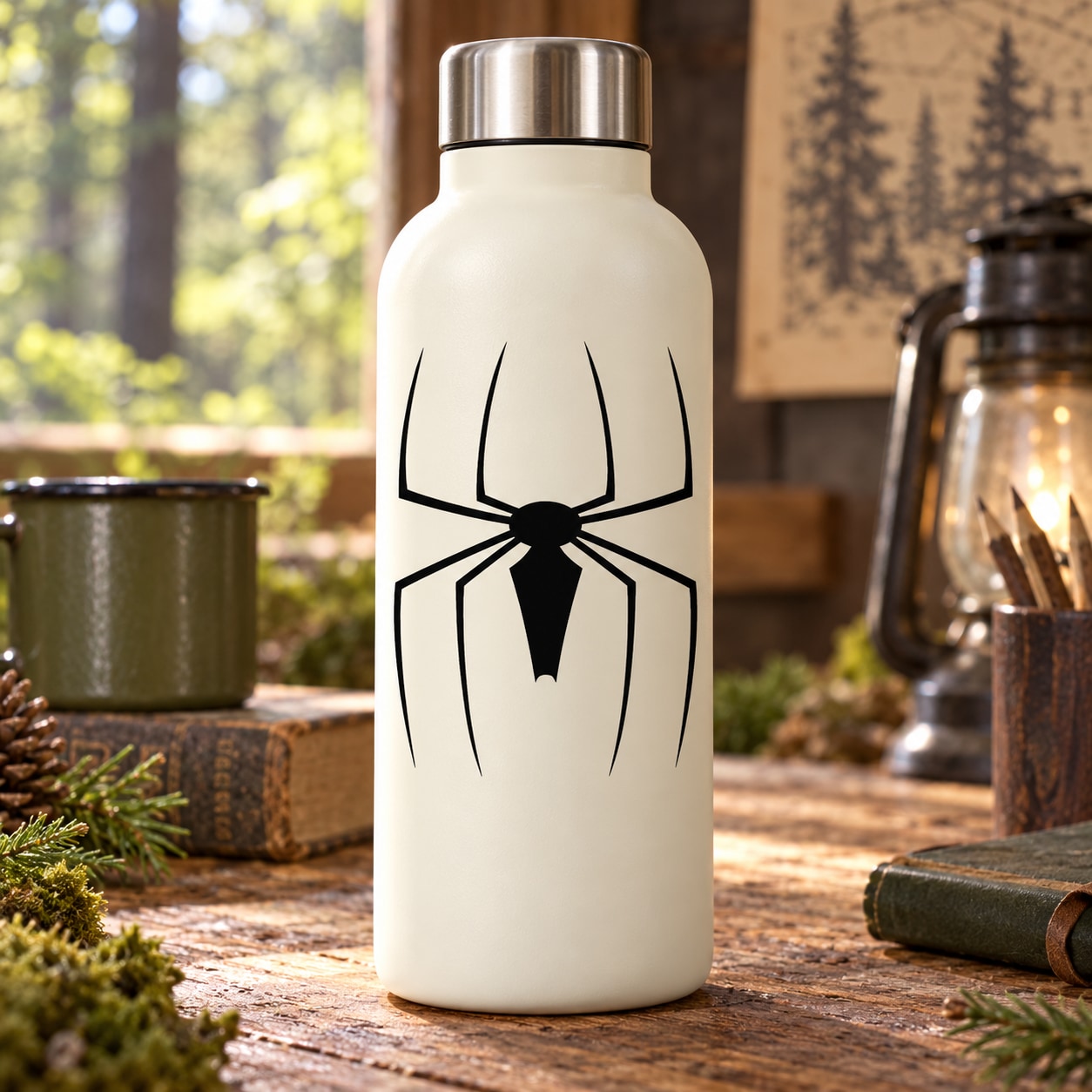 White bottle with black grass spider web decal and spider graphic