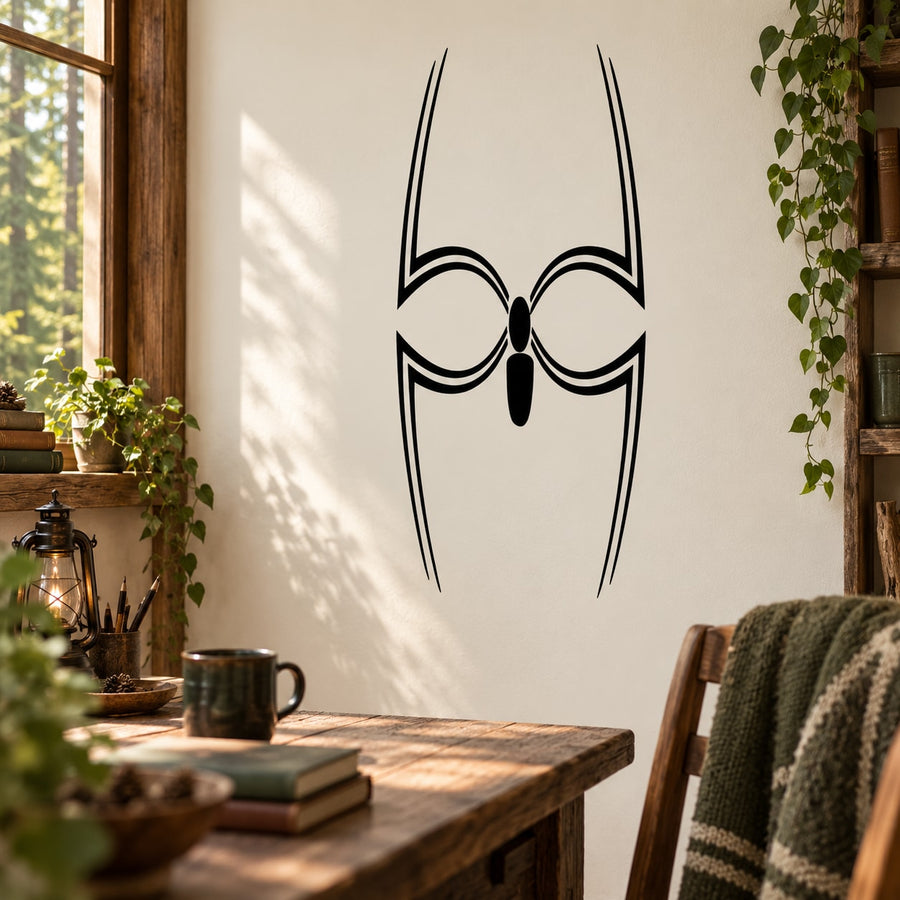 Black spider-leg line decal with webbed center design for wall or window