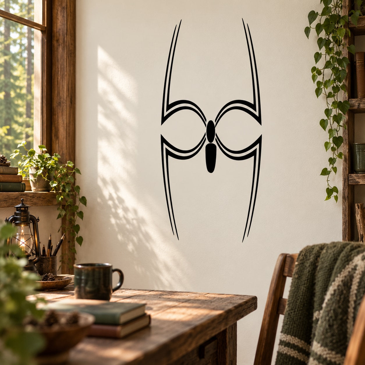 Black spider-leg line decal with webbed center design for wall or window