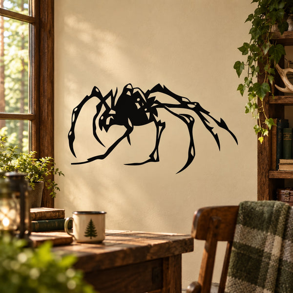 Roaming spider wall decal, black graphic silhouette