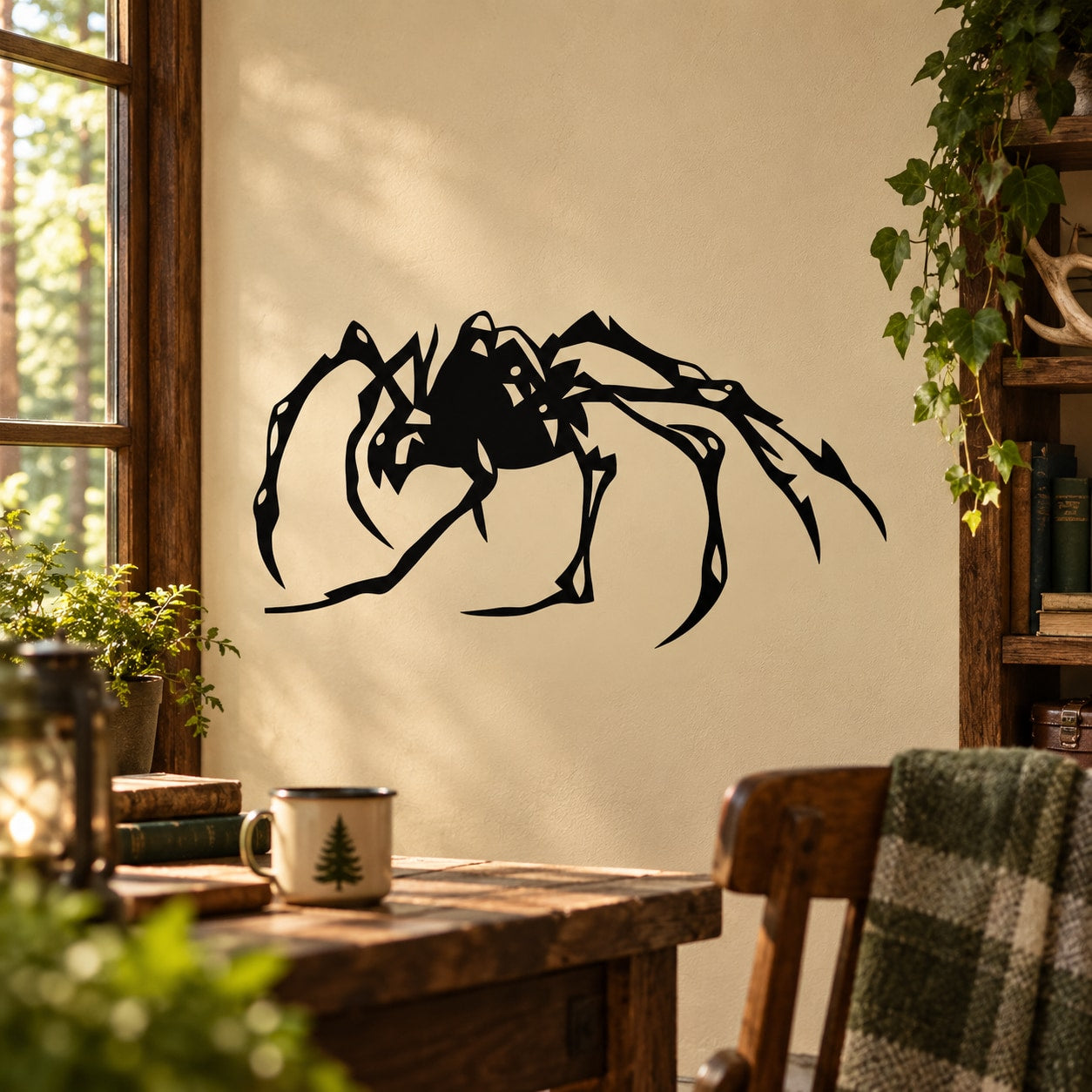 Roaming spider wall decal, black graphic silhouette