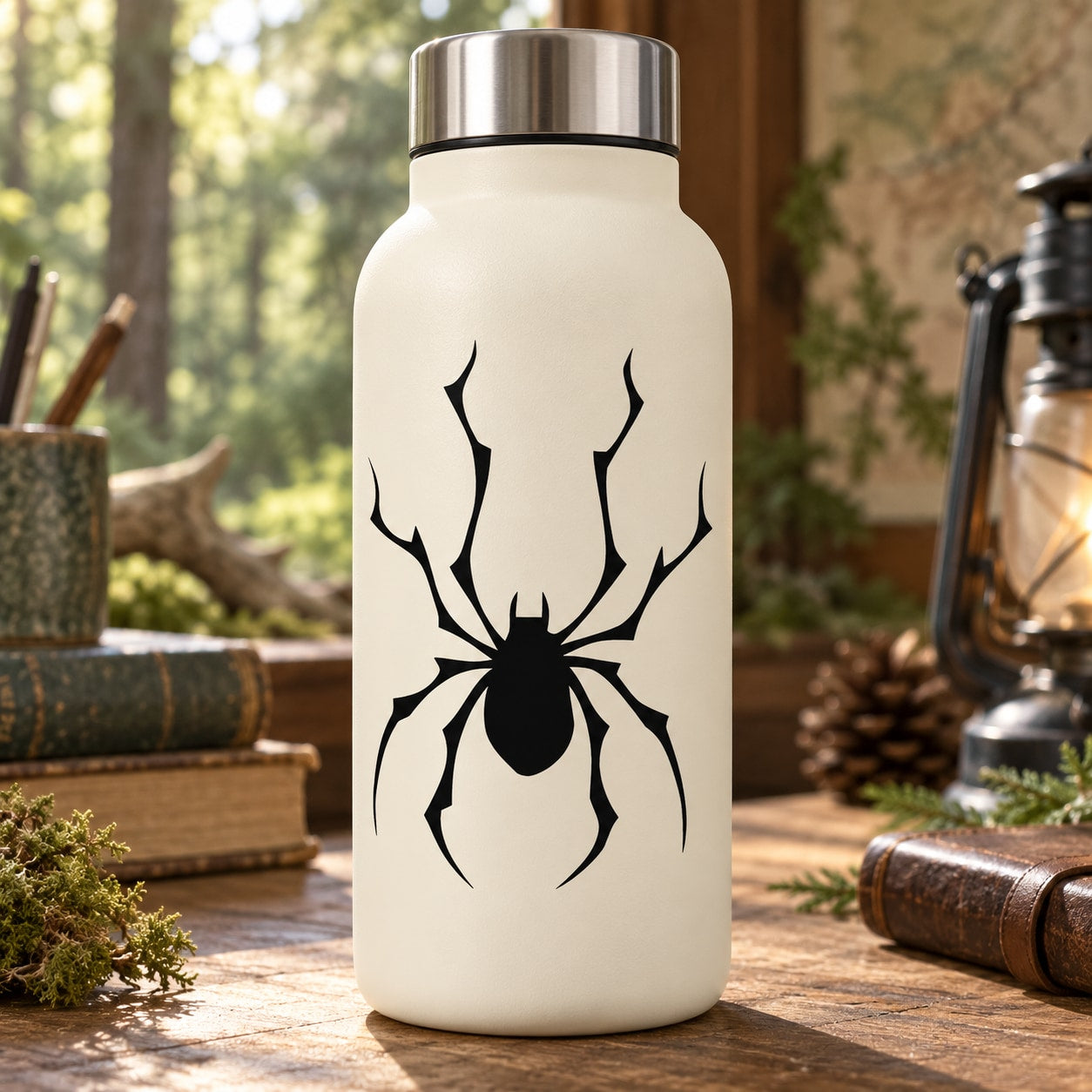 Twig-legged spider decal in black with webbed spider design on a bottle