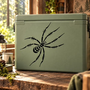 Spider decal with long jointed legs, black graphic on light green surface