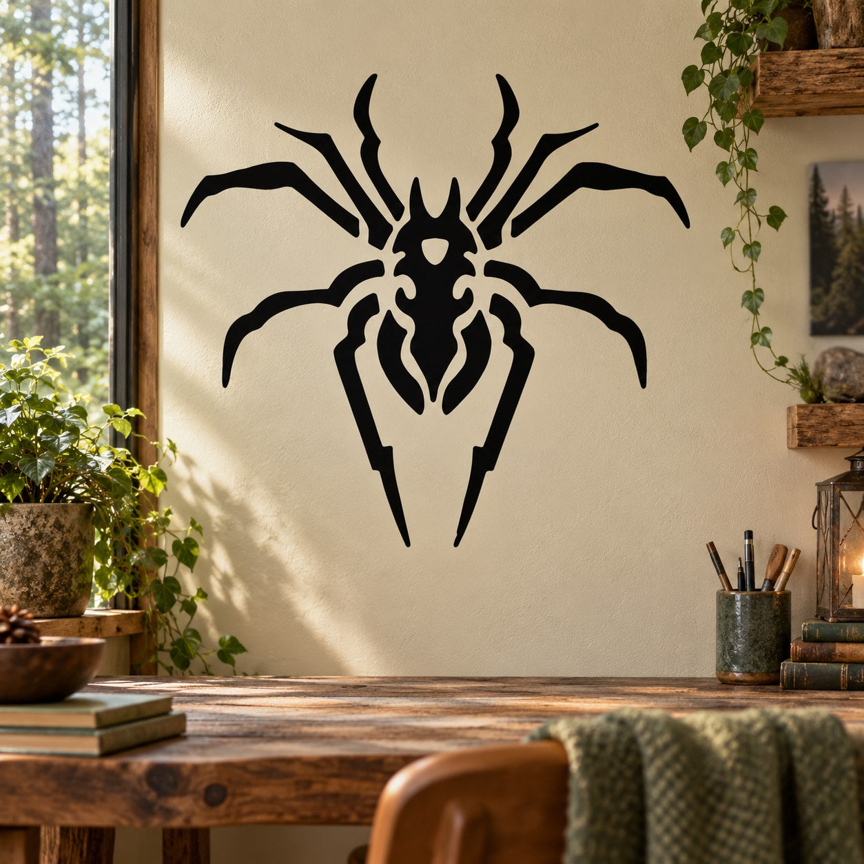 Mutant spider decal with bold black creepy spider graphic on light background