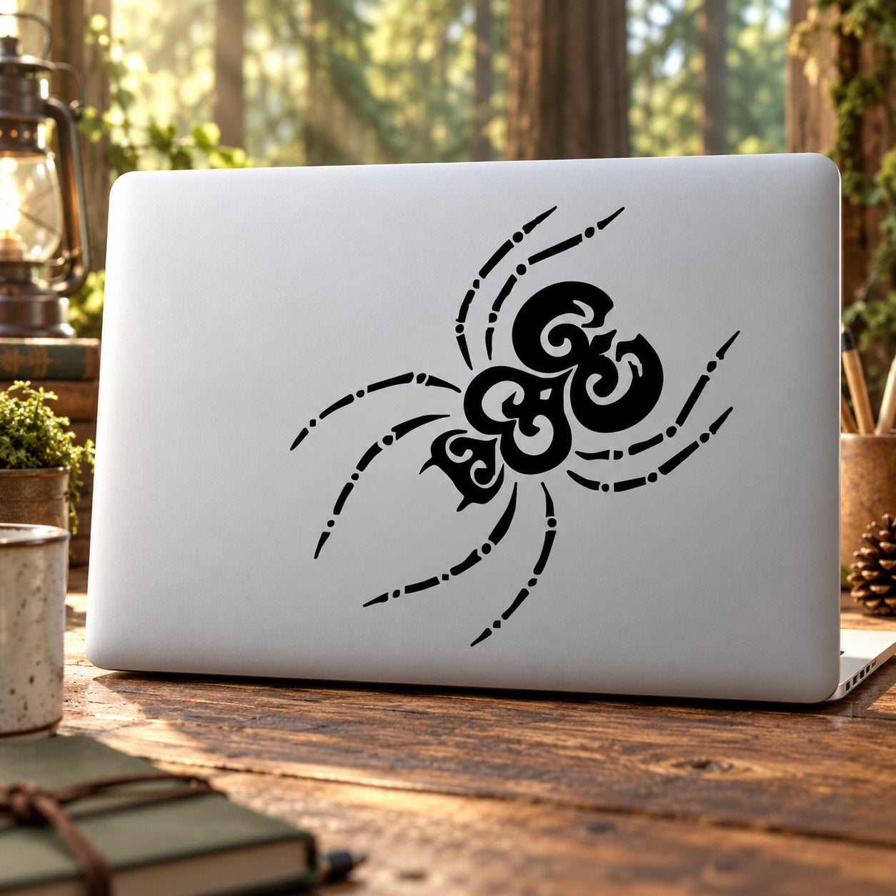 Black ornate spider decal with curved swirl body and beaded-style line details