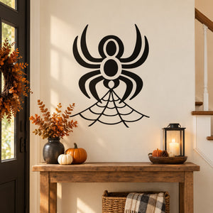 Black spider and web wall decal, large spider silhouette with web lines.