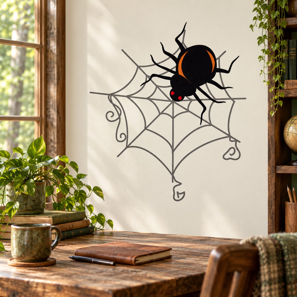 Halloween spider and web wall sticker, rounded black spider with red eyes and web