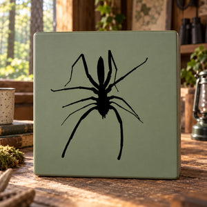 Black spider wall decal on light green rectangular board