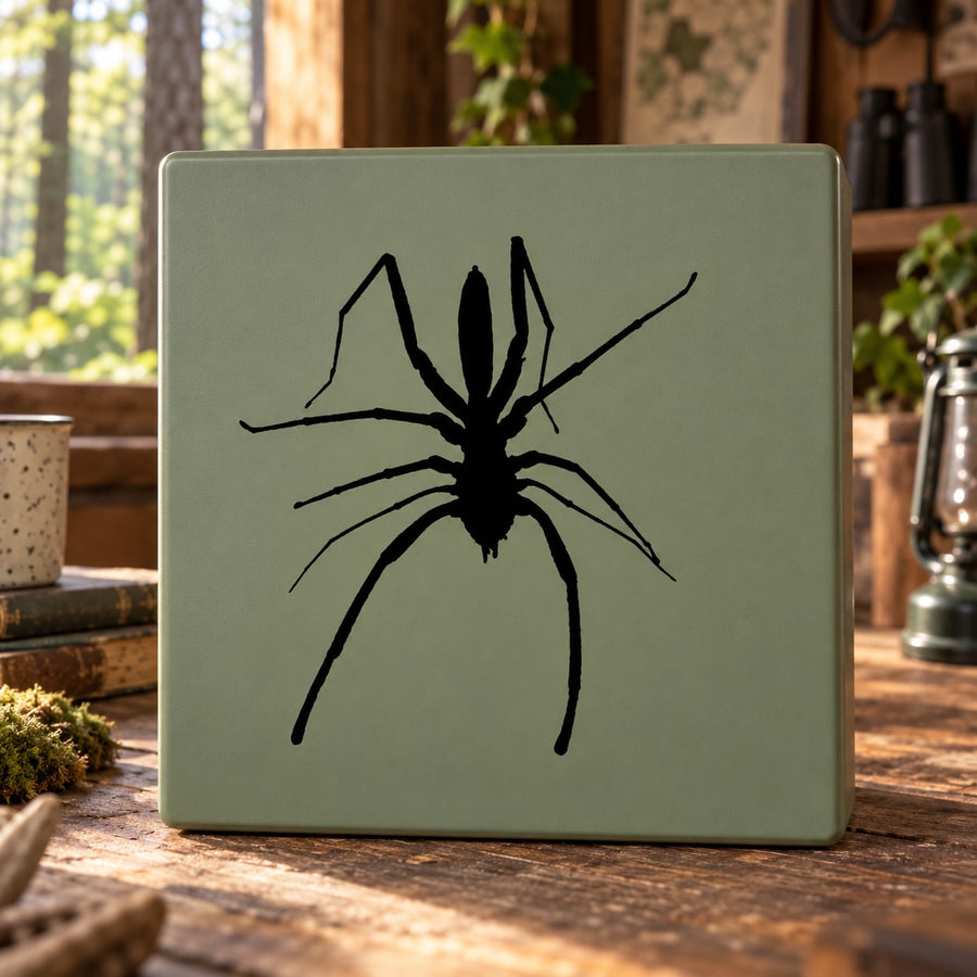 Black spider wall decal on light green rectangular board