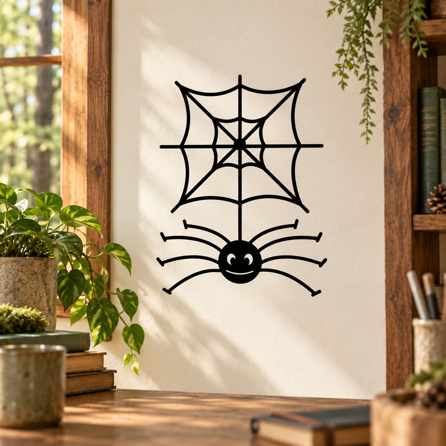 Square spider web decal with cartoon black spider