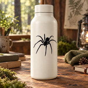 Black crawling spider decal on a white bottle