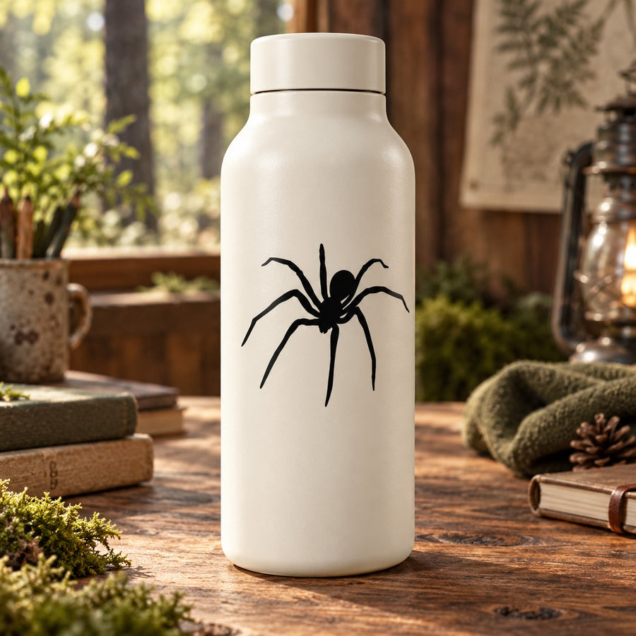 Black crawling spider decal on a white bottle