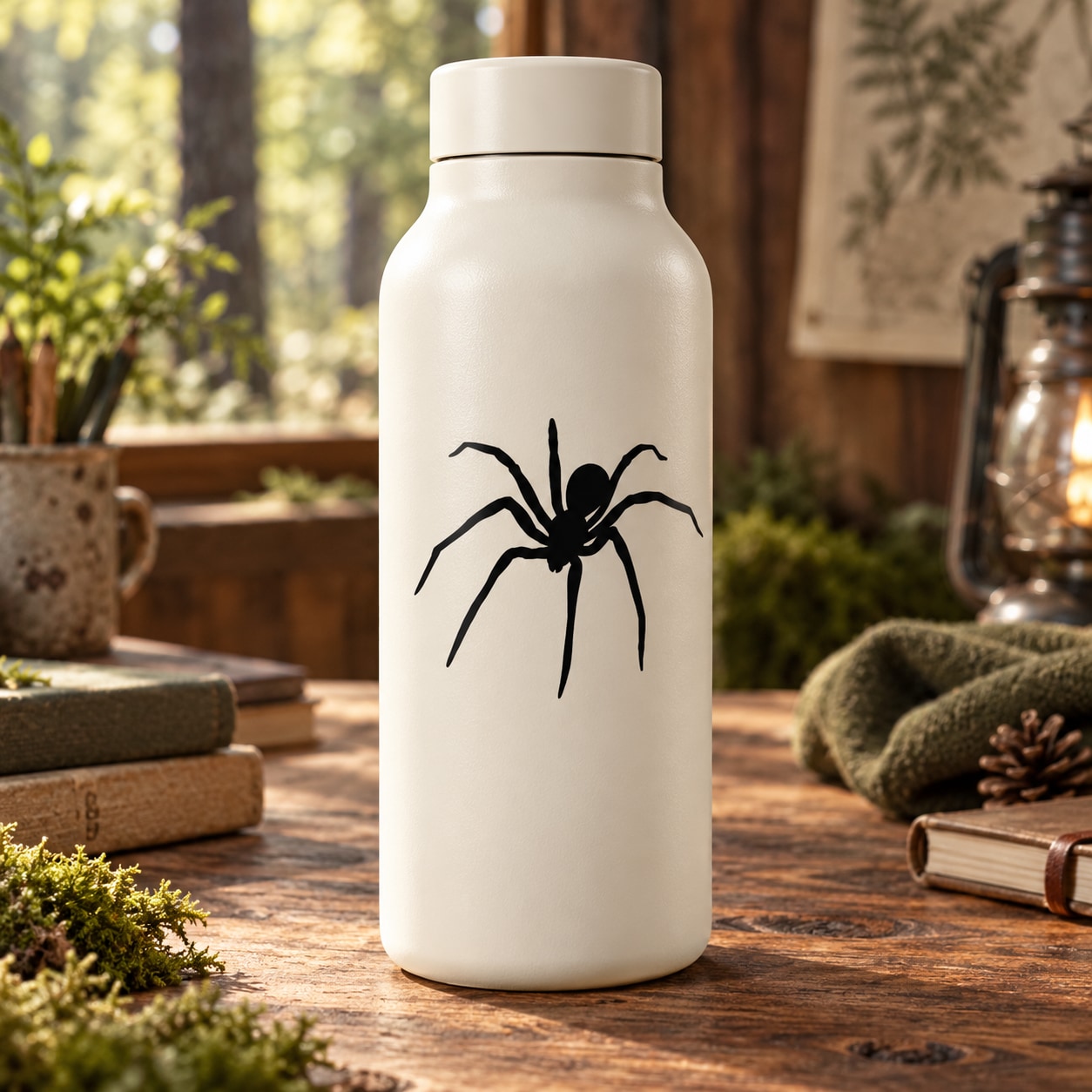 Black crawling spider decal on a white bottle