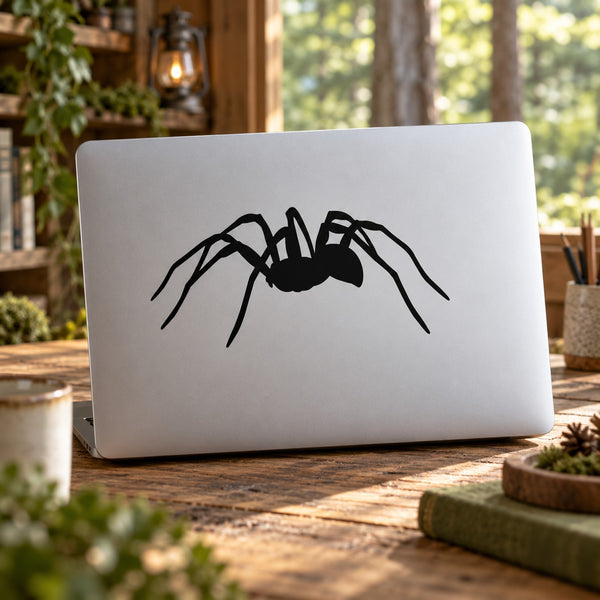 Black spider alert decal sticker for laptop, centered and bold