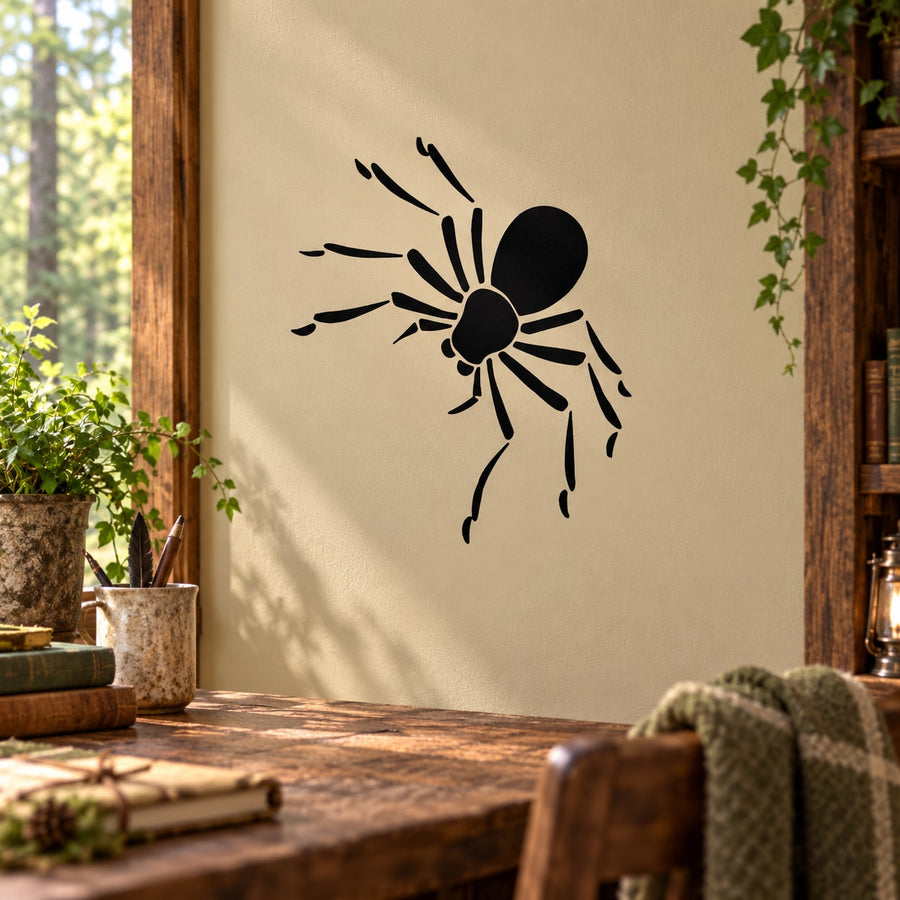 Black spider wall decal with web-like legs on light beige surface