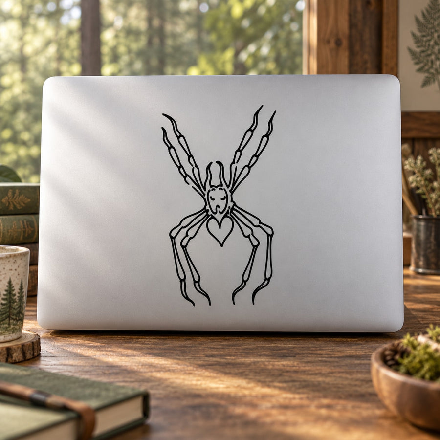 Heart-bottom spider decal with thin-line black spider design on white background