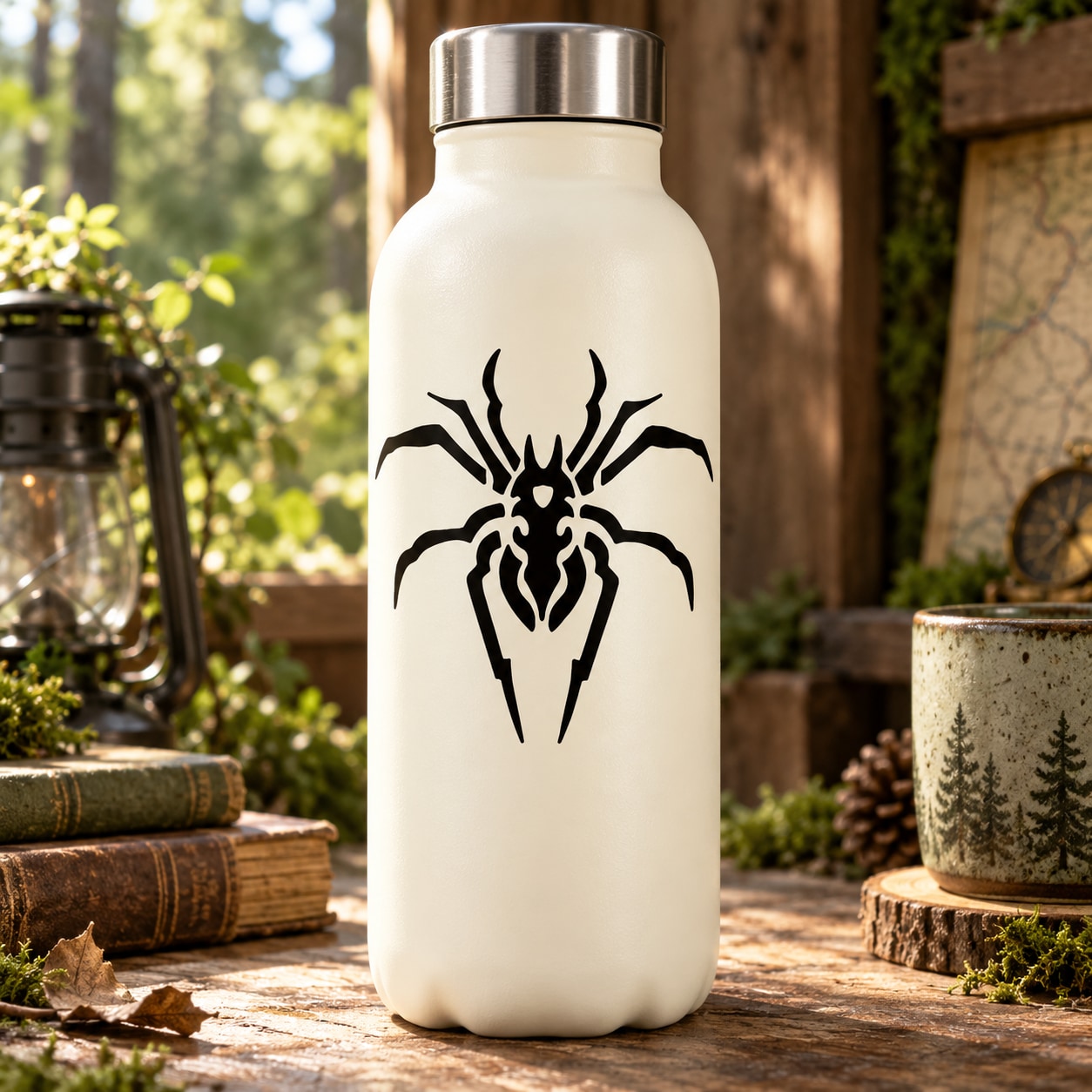 Alien spider decal on white bottle: black arachnid web graphic