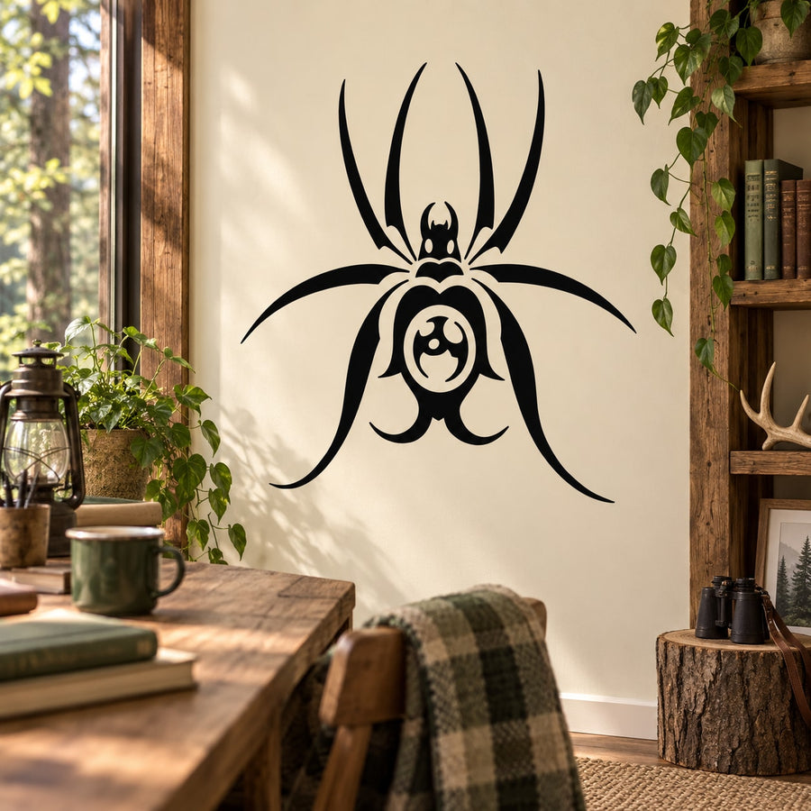 Black spider decal with skull-style body and long legs