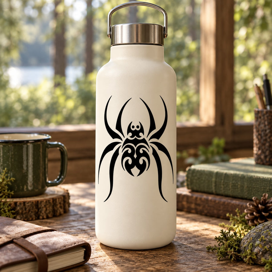 Spider decal graphic: black spider design on light-colored bottle
