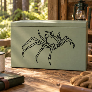 Crab spider decal, black line-art spider on light green surface.