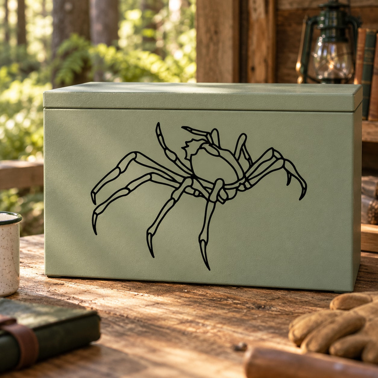 Crab spider decal, black line-art spider on light green surface.
