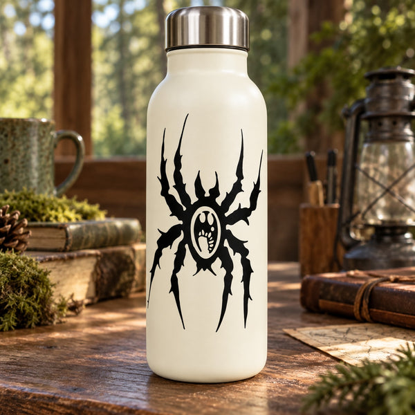 Wicked spider decal, black spider with web center on a white bottle