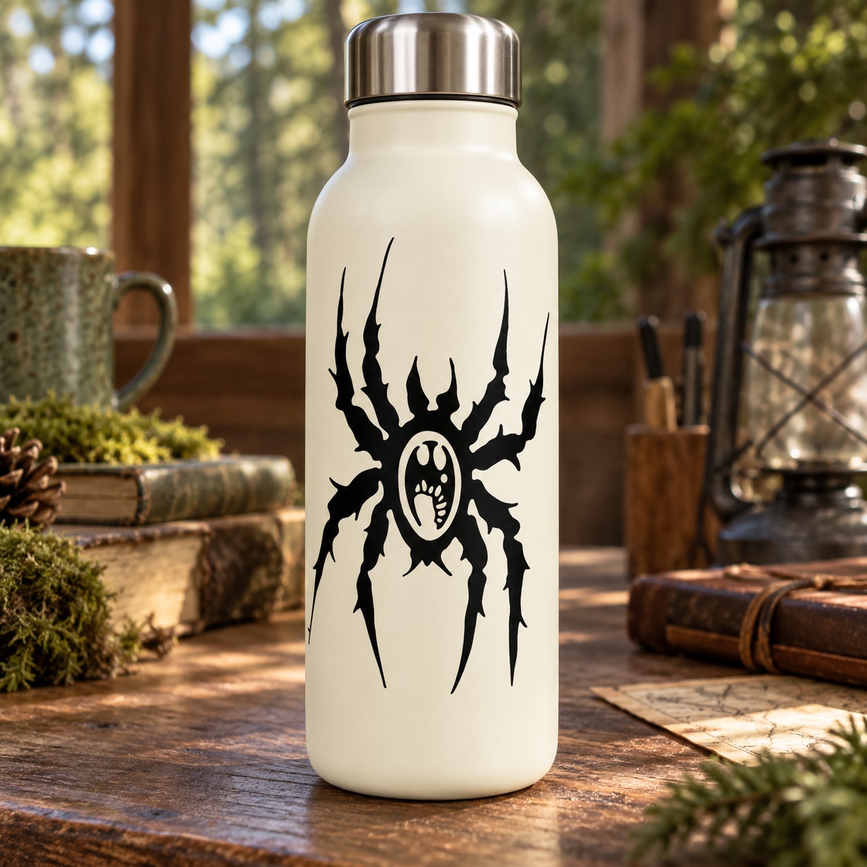 Wicked spider decal, black spider with web center on a white bottle