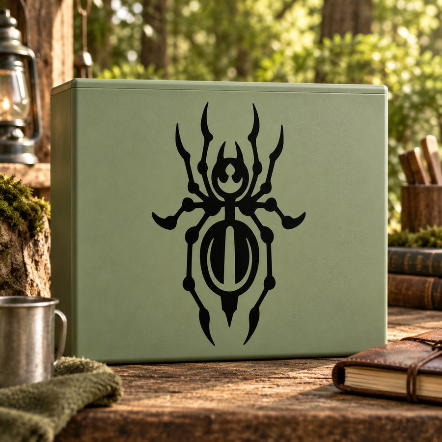 Black stylized spider emblem decal with central eye and long legs