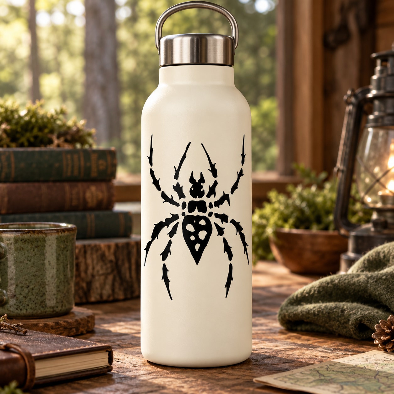 Spiky spider decal on white water bottle with black spiky spider web design