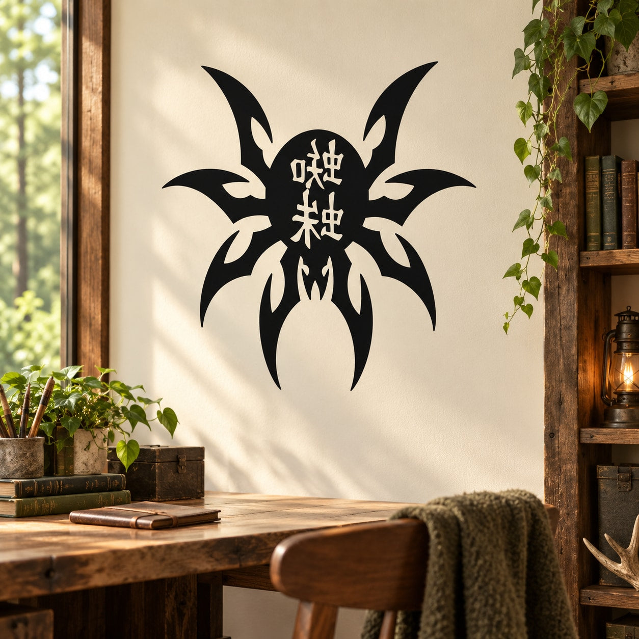 Black Chinese-style spider wall decal with central symbol and eight legs