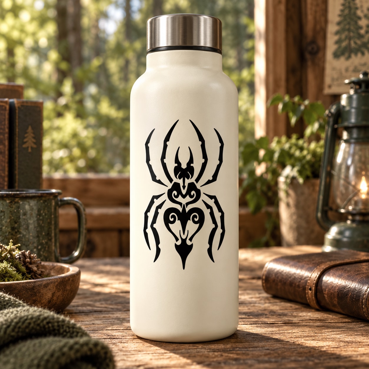 Black pincer spider decal graphic on a white bottle