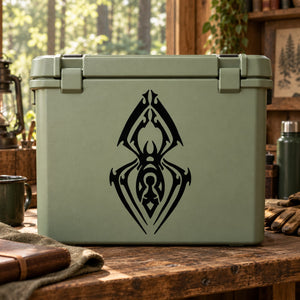 Sage green cooler with geometric spider decal and clasp handles