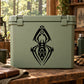 Sage green cooler with geometric spider decal and clasp handles
