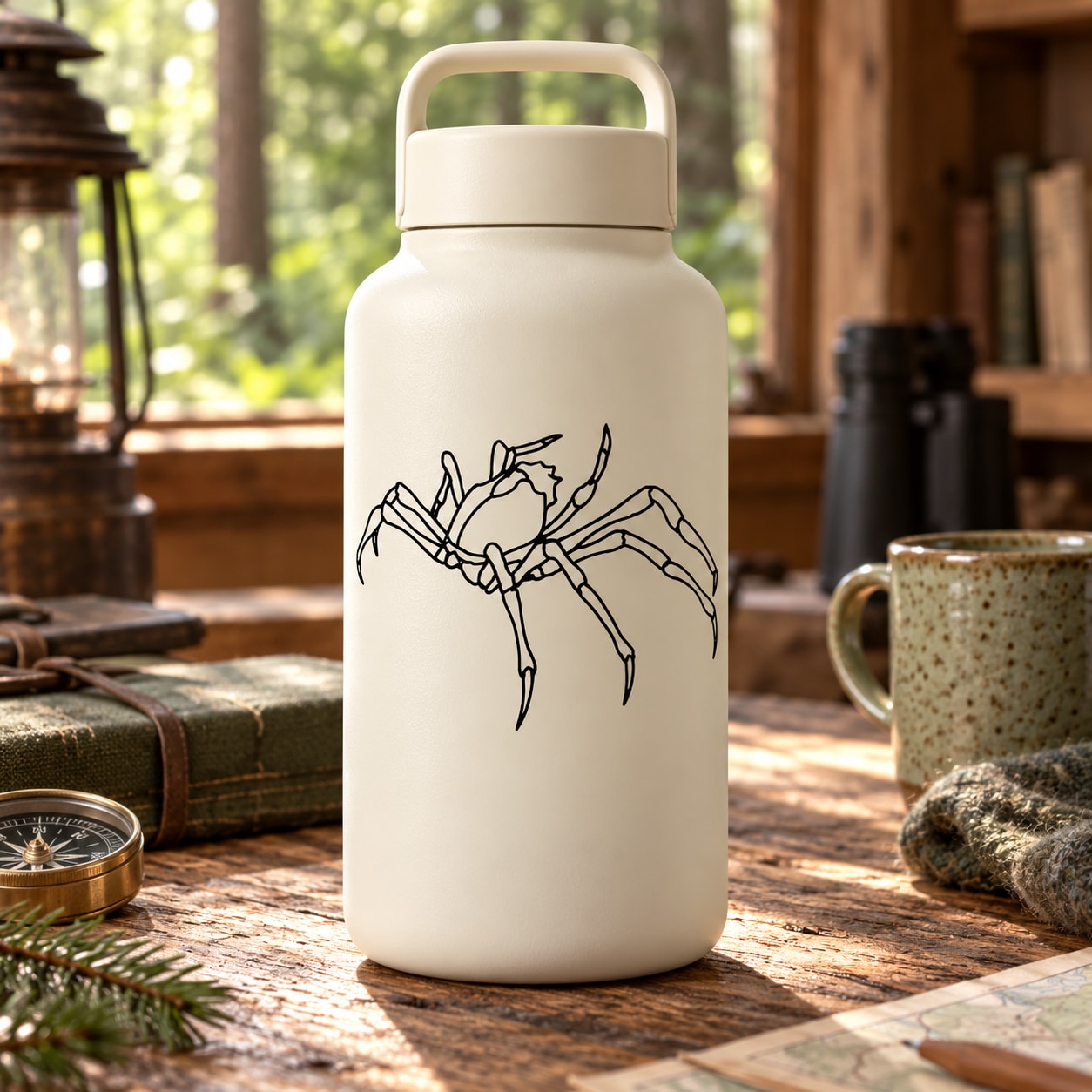 White bottle with crawling crab spider decal, black line art