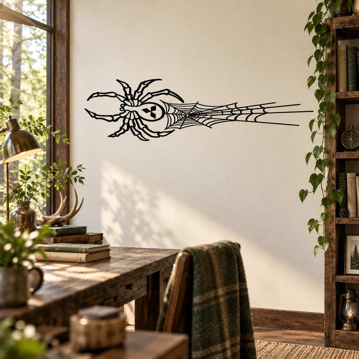 Black spider and web wall decal for building exteriors