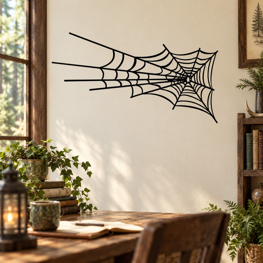 Spider web wall decal, black line art on light surface