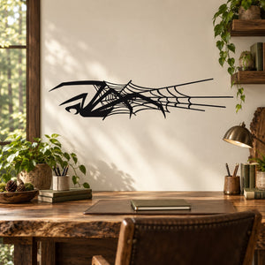 Black spider and web wall decal with webbed lines and spider silhouette
