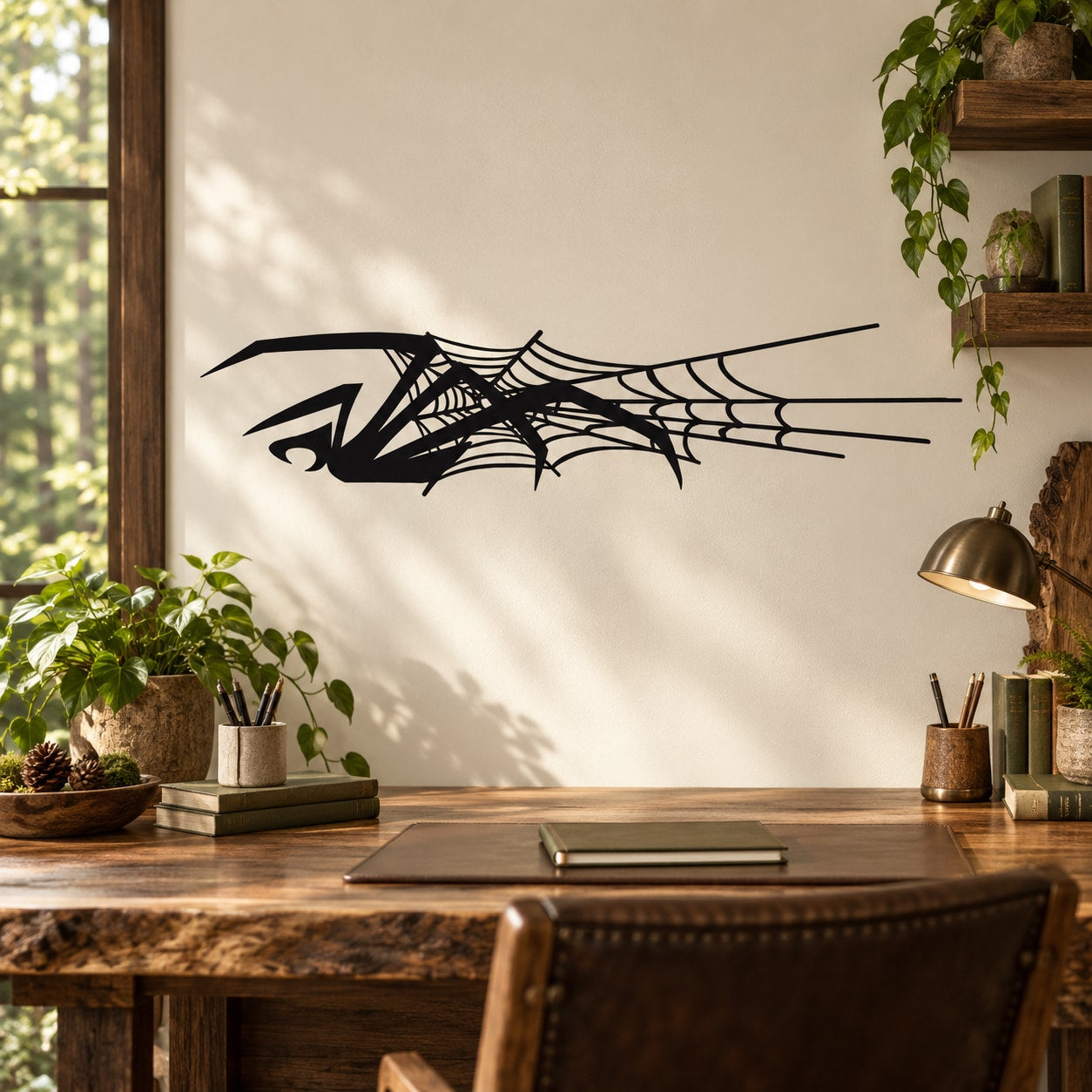 Black spider and web wall decal with webbed lines and spider silhouette