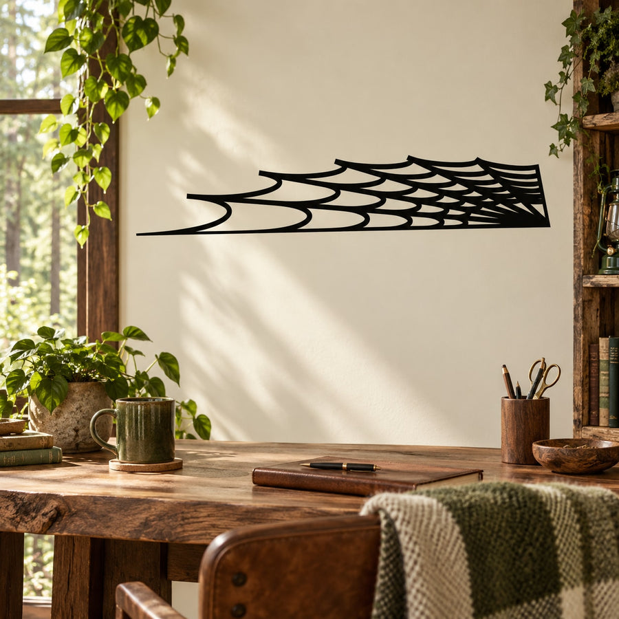 Black corner spider web wall decal with webbed arc design for Halloween decor
