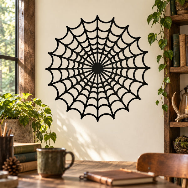 Round spider web wall decal with black circular web design
