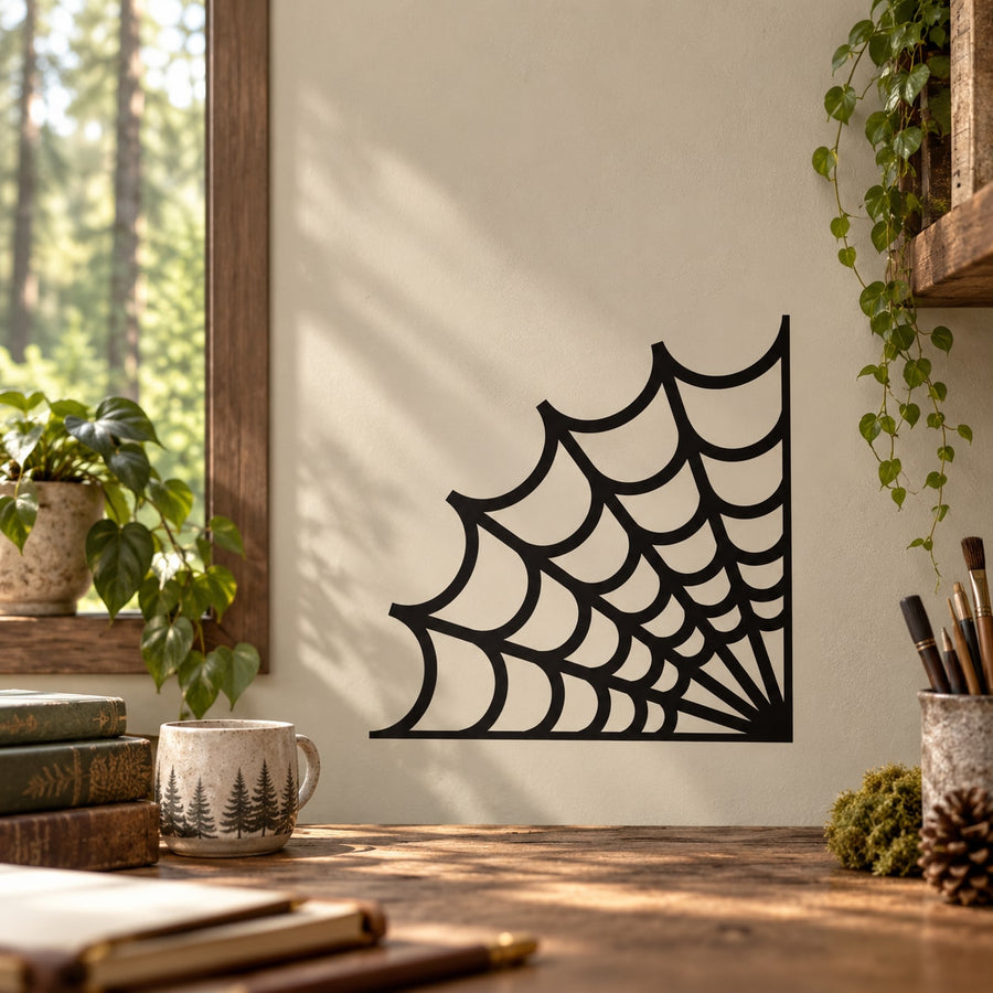 Black corner spider web wall decal with detailed web pattern and arched lines