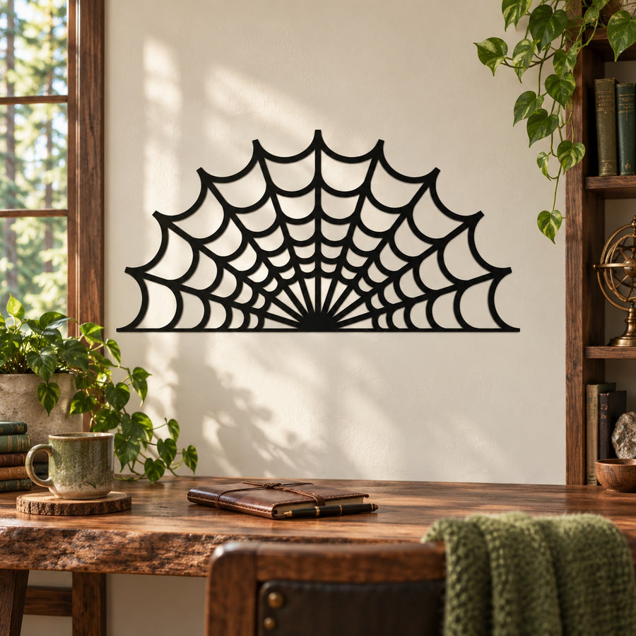 Half round spider web decal in black with radial web lines