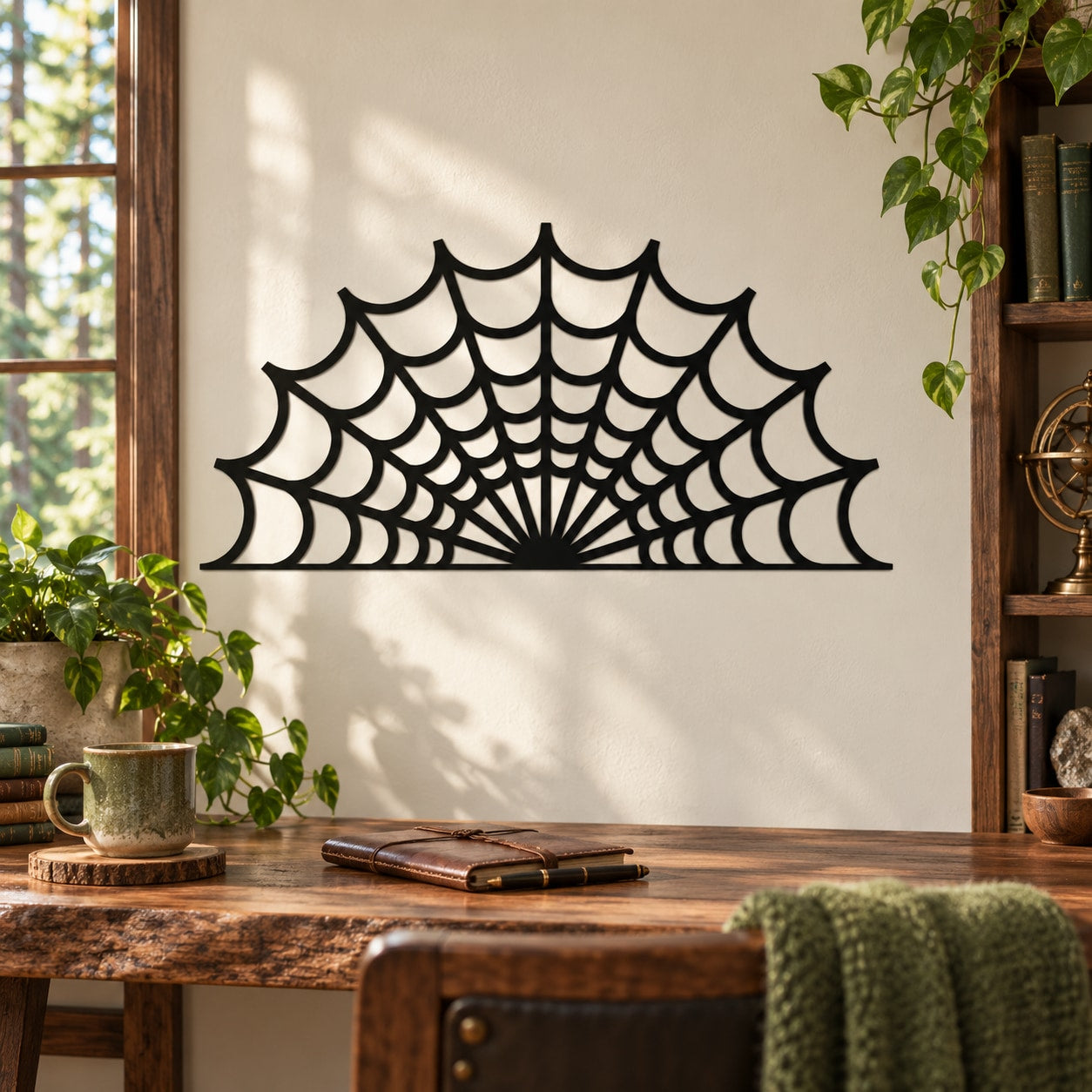 Half round spider web decal in black with radial web lines