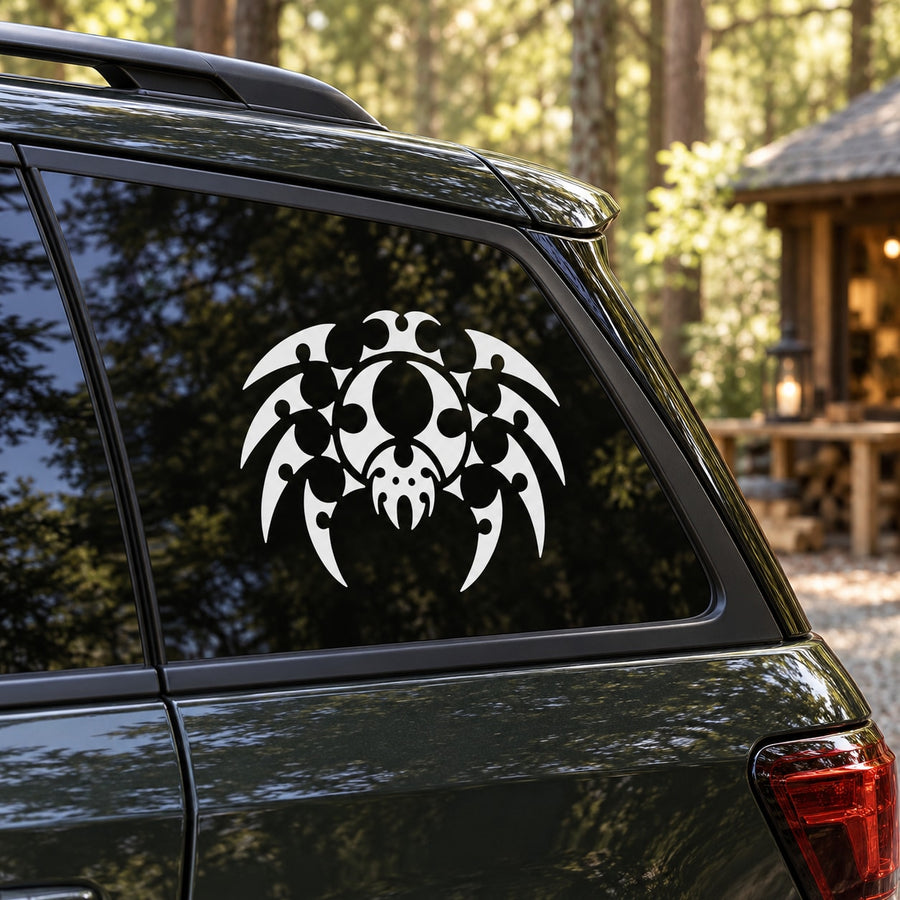 Bubble-style spider window decal with white spider and web pattern
