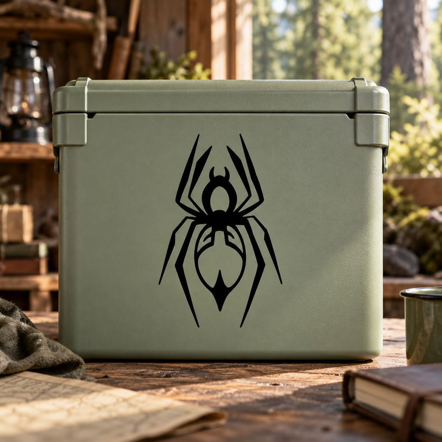 Wolf spider decal featuring a black spider illustration with web lines