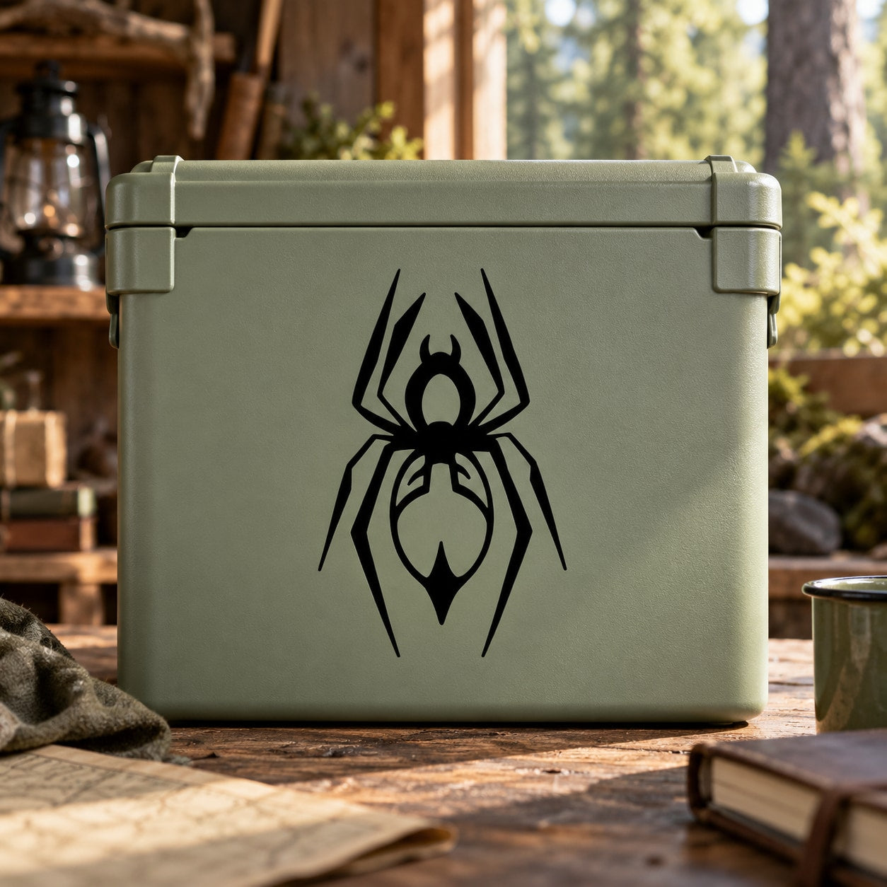 Wolf spider decal featuring a black spider illustration with web lines