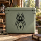 Wolf spider decal featuring a black spider illustration with web lines