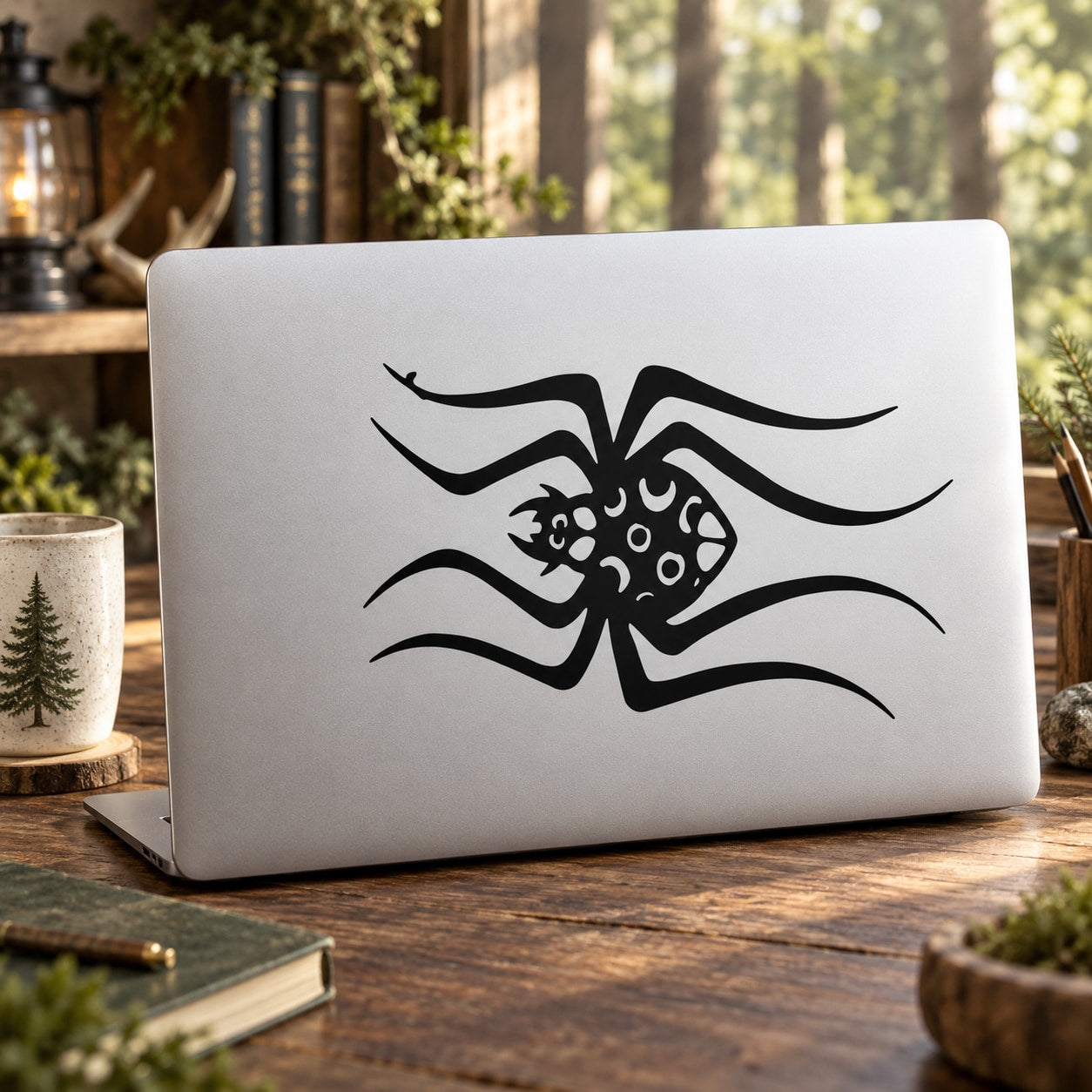 Black spider decal with detailed webbed legs on a white backing