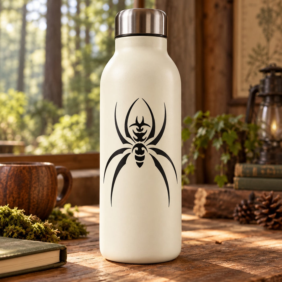 White bottle with black spider decal and metal lid